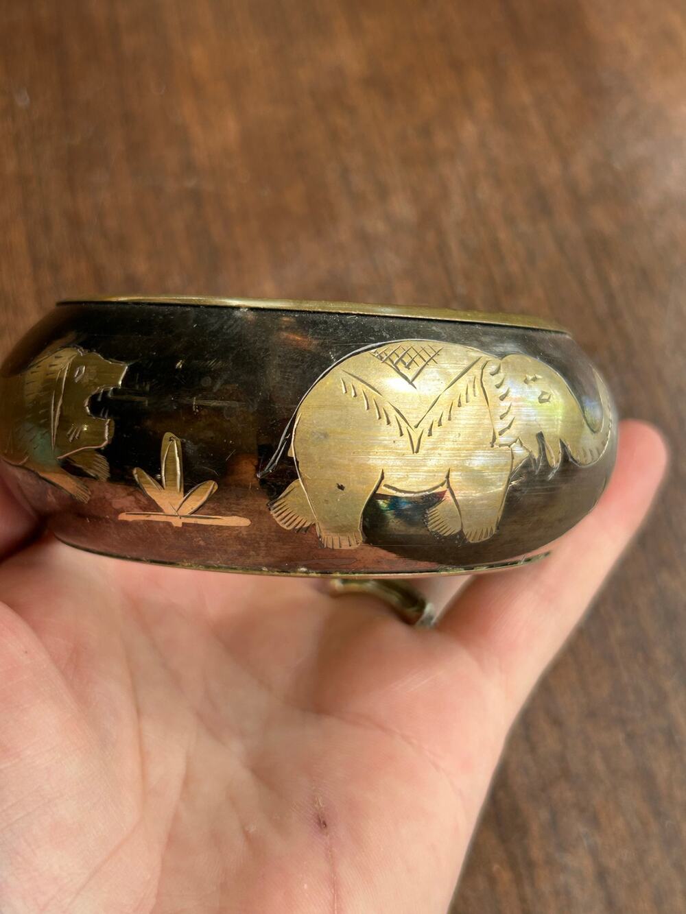 Lucky Elephant and Tiger Brass Chunky Wide Engraved Japanned Bangle Bracelet